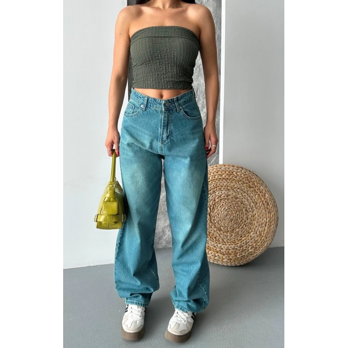 Baggy taş enzim bıyık yıkama jeans pantolon yeşil tint d2007