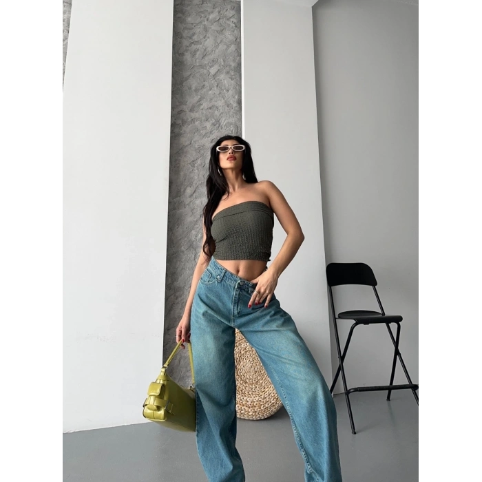 Baggy taş enzim bıyık yıkama jeans pantolon yeşil tint d2007