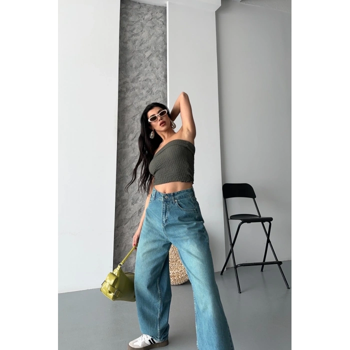 Baggy taş enzim bıyık yıkama jeans pantolon yeşil tint d2007