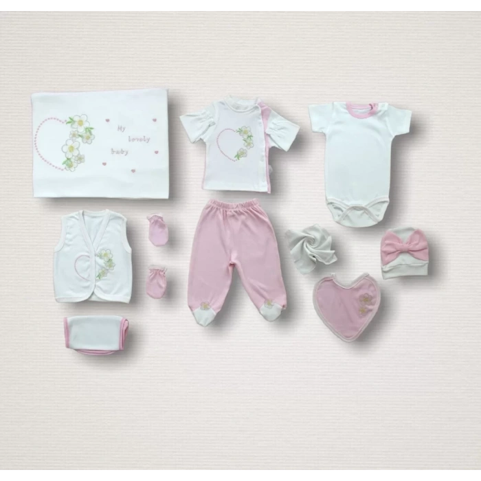 Baharın Çiçekli Kalbi Nakışlı  10Lu Zıbın Takımı Hastane Çıkışı Pembe