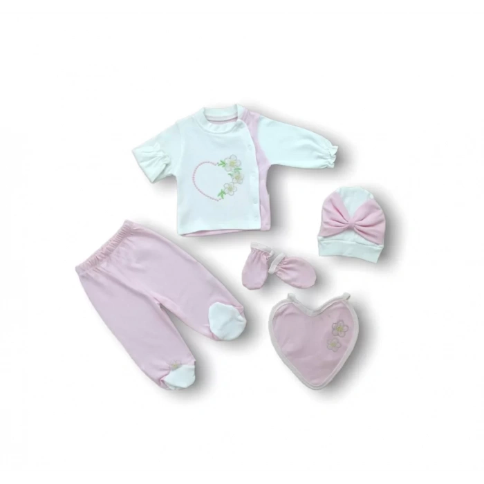 Baharın Çiçekli Kalbi Nakışlı  5Li Zıbın Takımı Hastane Çıkışı Pembe