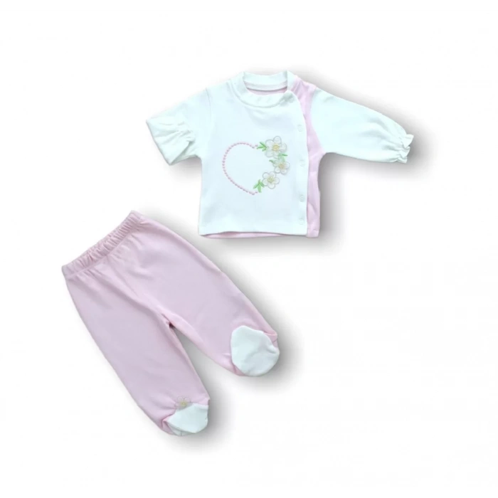 Baharın Çiçekli Kalbi Nakışlı  5Li Zıbın Takımı Hastane Çıkışı Pembe