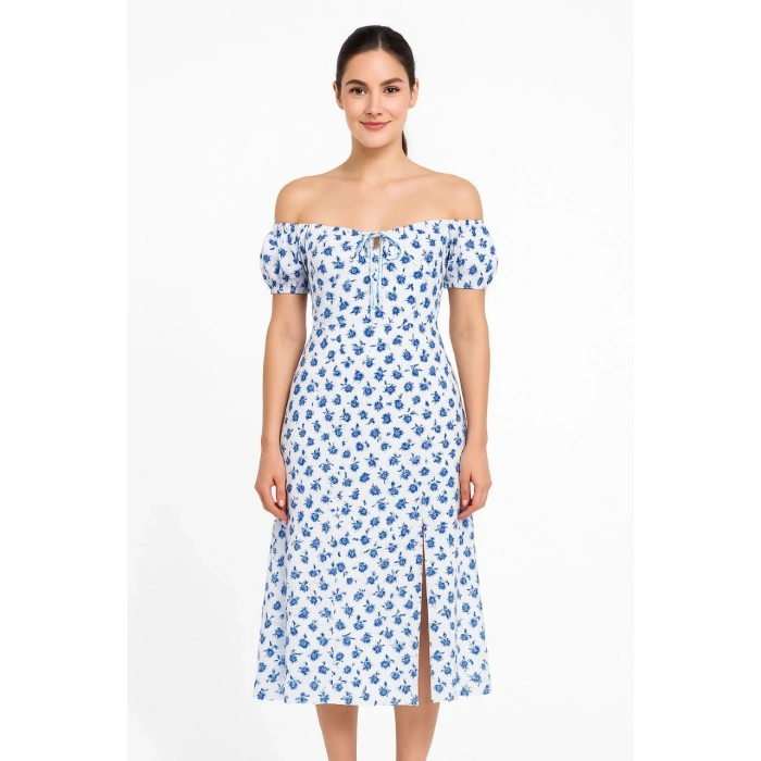 BARDOT OMUZU ACIK ÇİÇEK DESENLİ ELBİSE - DESENLİ