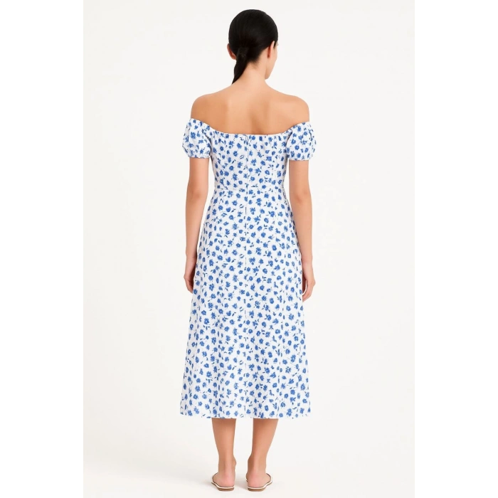 BARDOT OMUZU ACIK ÇİÇEK DESENLİ ELBİSE - DESENLİ