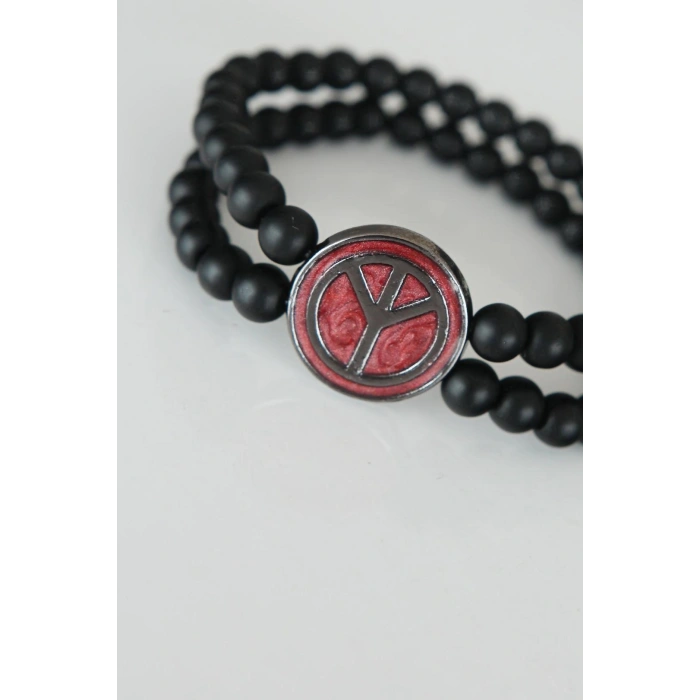 Barış Figürlü Bordo Renk Füme Metal Aksesuarlı Çift Sıra Oniks Doğal Taş Erkek Bileklik