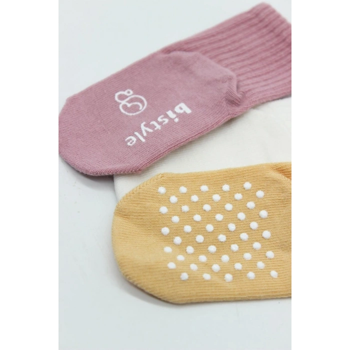 Basic Kaymaz Penye Soket Çorap 3Lü BS10107 Pudra Ekru Somon