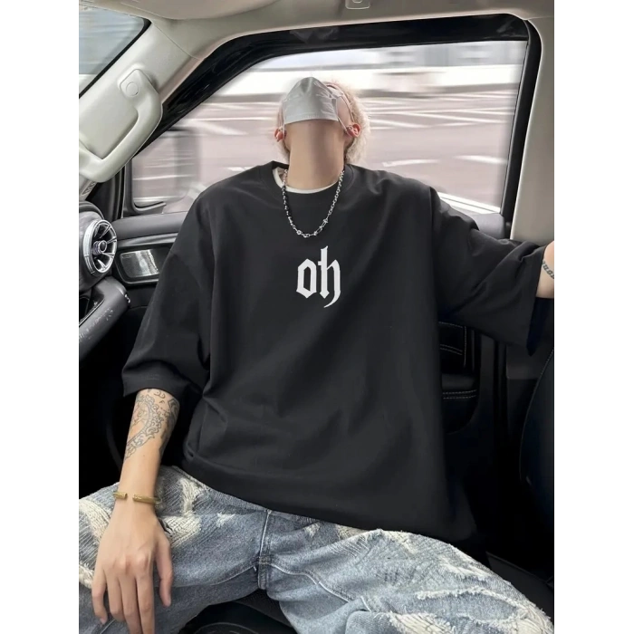Baskı Oh Erkek Oversive Tişört, Grafik Tişört Erkek Yazlık Outdoor Kıyafetleri, Sporda ve Günlük Giyime Uygun - Siyah