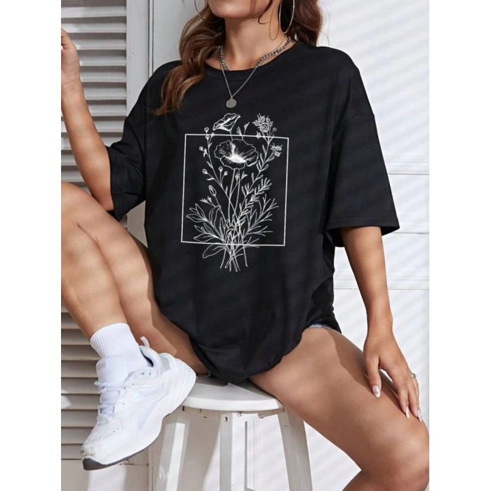 BASKILI KADIN T-SHİRT - SİYAH