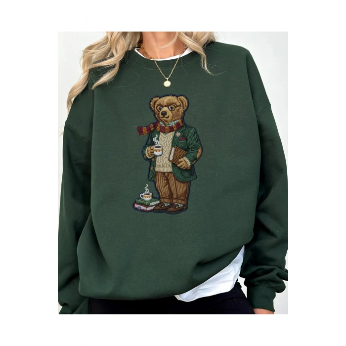 Bear Baskılı Oversize Kesim Uzun Kollu Organik Pamuk Sweatshirt