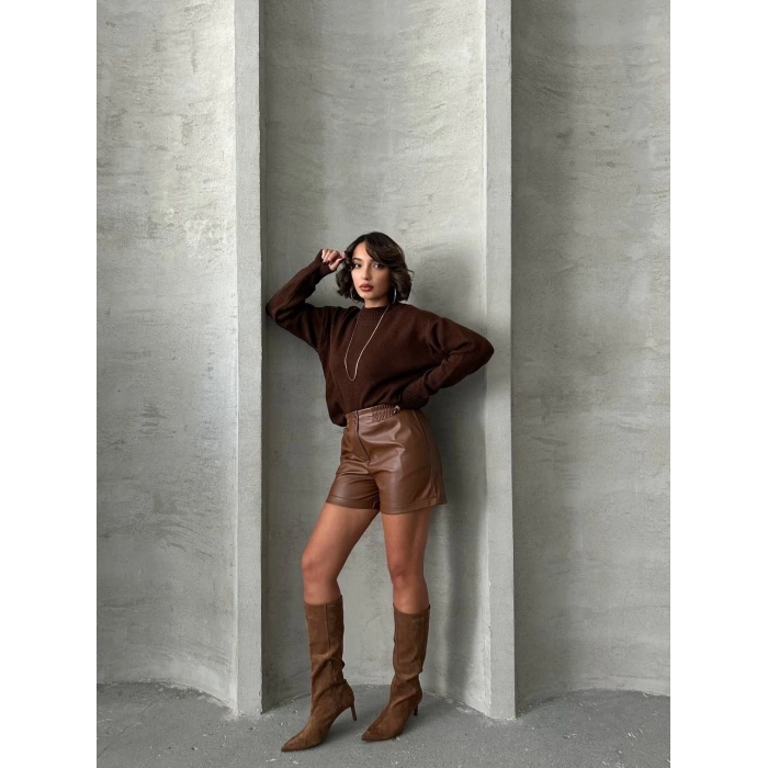 Beli lastikli çıtçıtlı deri şort kahve w241007