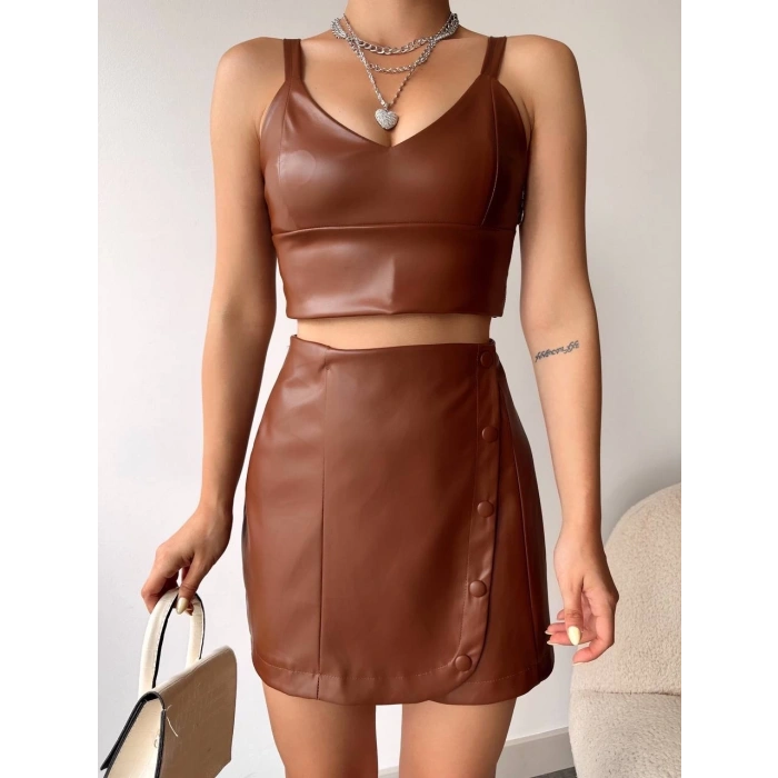 Beş düğmeli oval deri etek kahve h240068