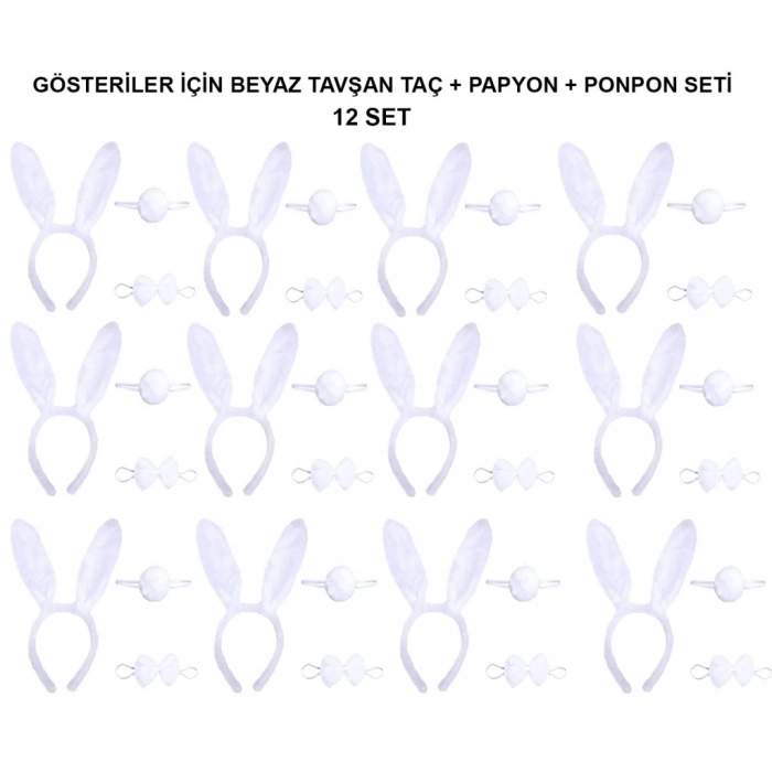 Beyaz Tavşan Kostüm Seti – Taç, Papyon, Kuyruk (12’li Paket)