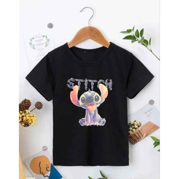 BİSİKLET YAKA KISA KOL ÇOCUK BASKILI T-SHİRT - SİYAH