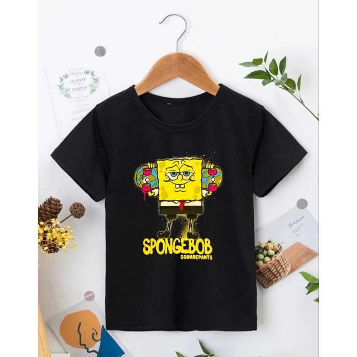 BİSİKLET YAKA KISA KOL ÇOCUK BASKILI T-SHİRT - SİYAH