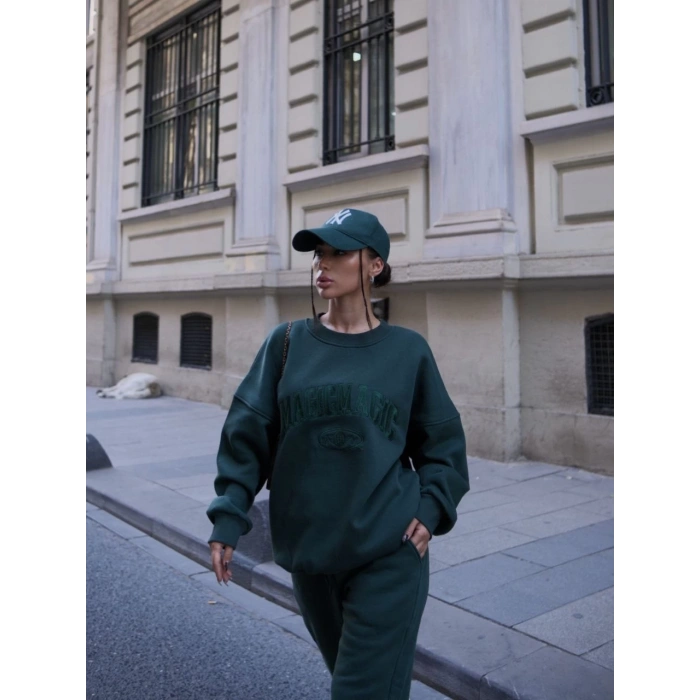 Bisiklet Yaka Nakış İşlemeli Üç İplik Sweat Takım - Yeşil