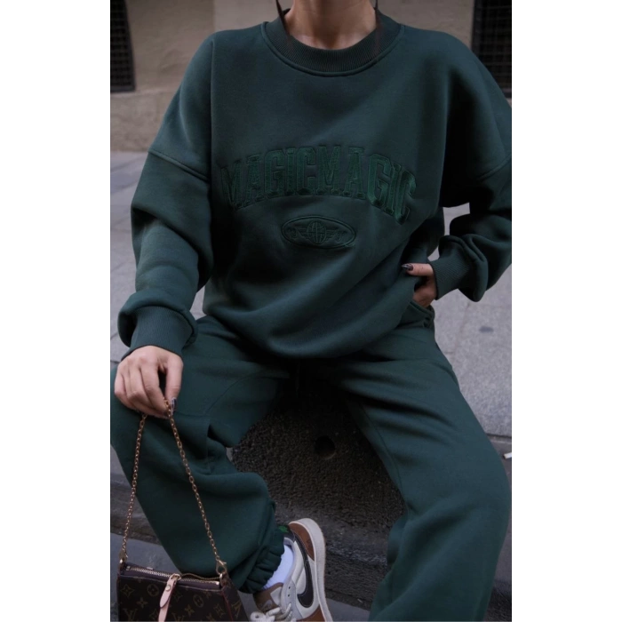 Bisiklet Yaka Nakış İşlemeli Üç İplik Sweat Takım - Yeşil