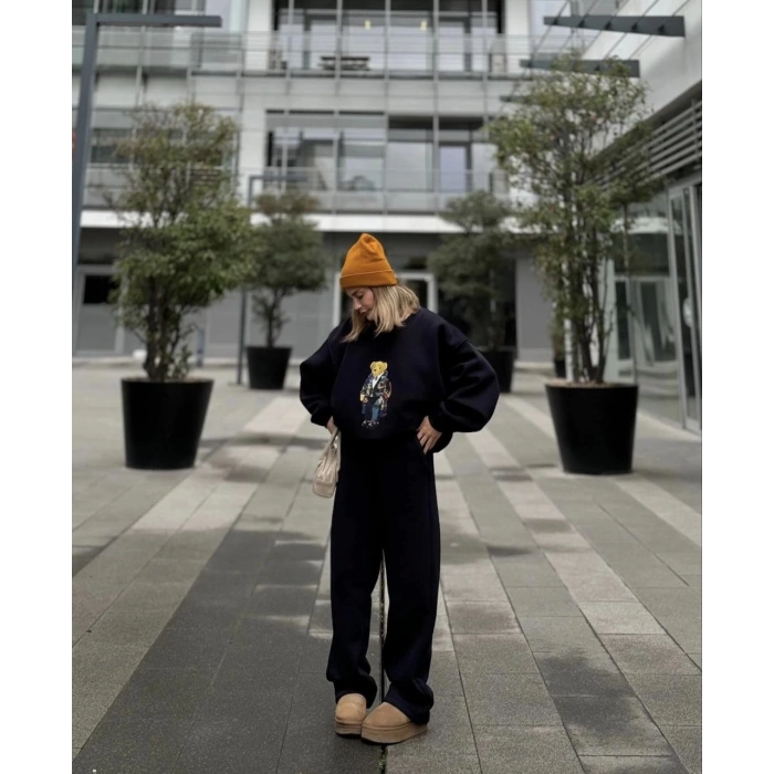 Bisiklet Yaka Üç İplik Sweat Takım - Siyah