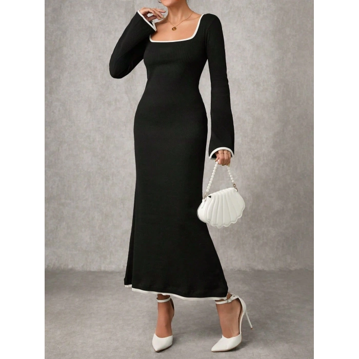 Biyeli uzun elbise siyah