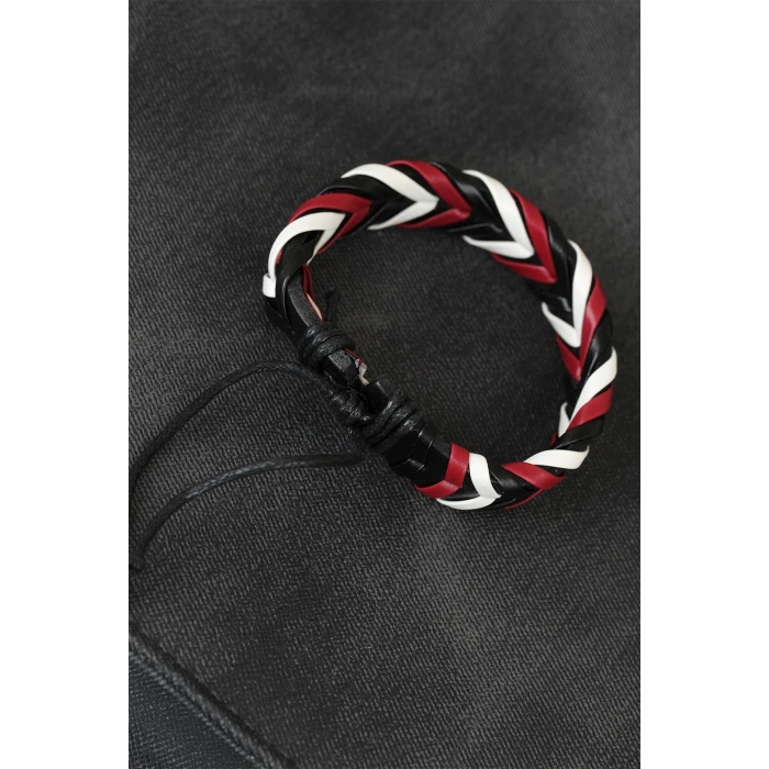 Bordo Beyaz Siyah Örgü Deri Erkek Bileklik