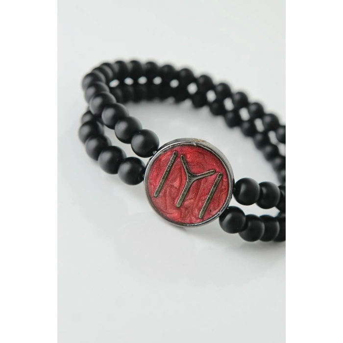 Bordo Metal Üzerine Füme Kayı Boyu Figürlü Siyah Renk Çift Sıra Doğal Taş Erkek Bileklik