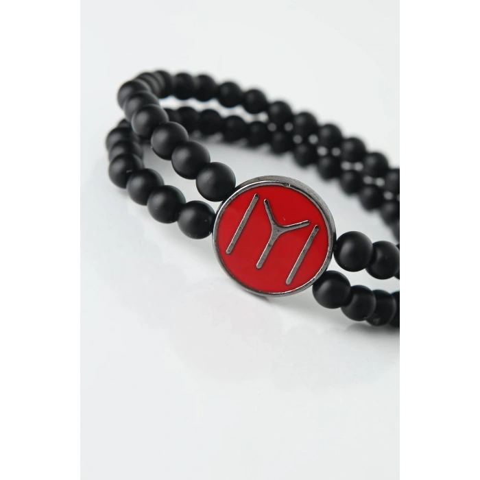 Bordo Renkli Metal Üzerine Füme Kayı Boyu Figürlü Siyah Renk Çift Sıra Doğal Taş Erkek Bileklik