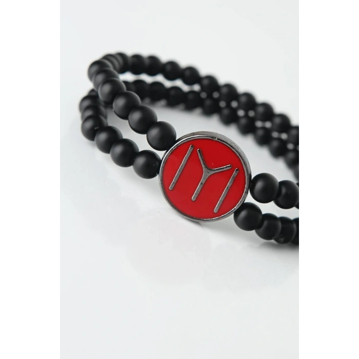 Bordo Renkli Metal Üzerine Füme Kayı Boyu Figürlü Siyah Renk Çift Sıra Doğal Taş Erkek Bileklik