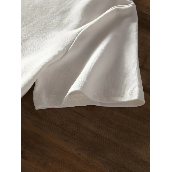 BROOKLYN HARF BASKILI DÜŞÜK OMUZLU T-SHİRT, RAHAT KISA KOLLU BOL T-SHİRT, KADIN GİYİM - BEYAZ