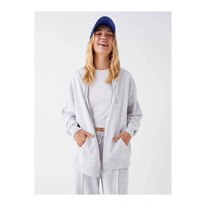 Casual Kapüşonlu Düz Uzun Kollu Oversize Kadın Fermuarlı Sweatshirt
