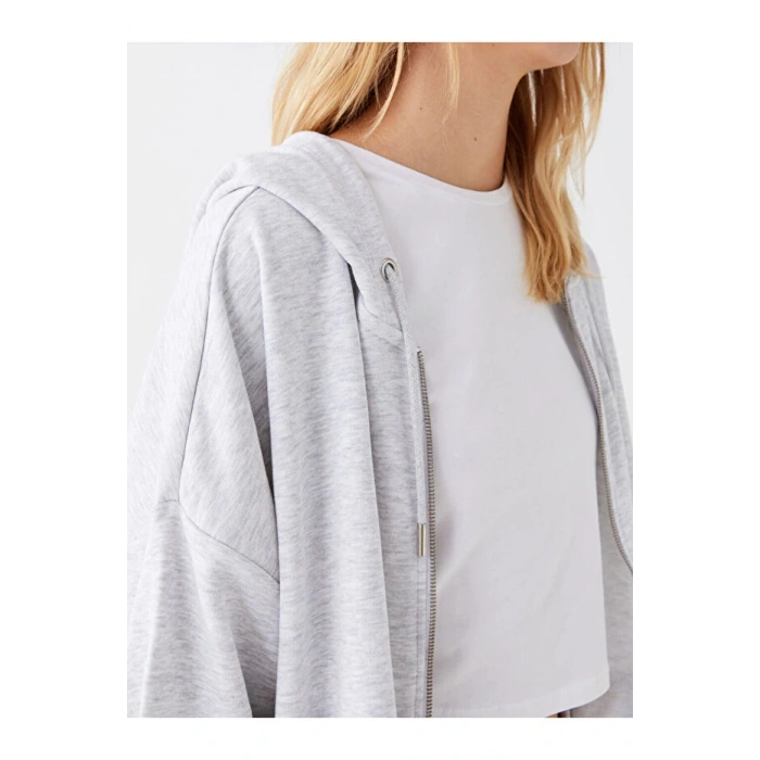 Casual Kapüşonlu Düz Uzun Kollu Oversize Kadın Fermuarlı Sweatshirt