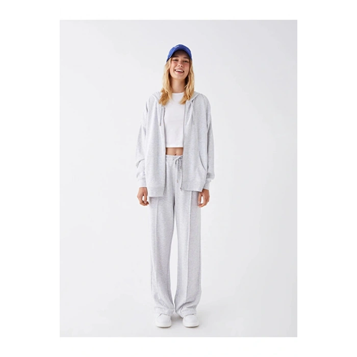 Casual Kapüşonlu Düz Uzun Kollu Oversize Kadın Fermuarlı Sweatshirt