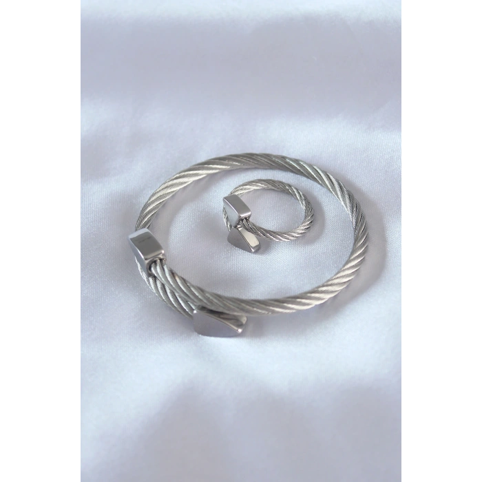 Çelik Gümüş Renk Burgu Model Erkek Bileklik Yüzük Seti