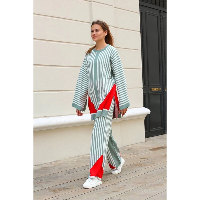 Çizgili bisiklet yaka triko takım Mint