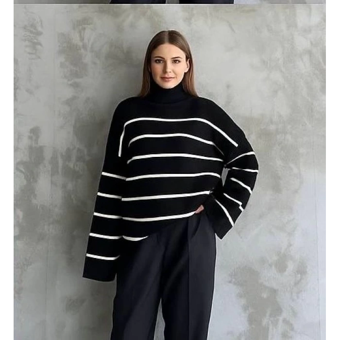 Çizgili ispanyol kol triko boğazlı kazak siyah elf