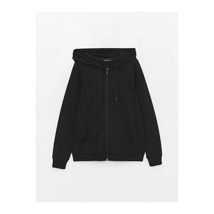Classic Kapüşonlu Düz Uzun Kollu Kadın Fermuarlı Sweatshirt