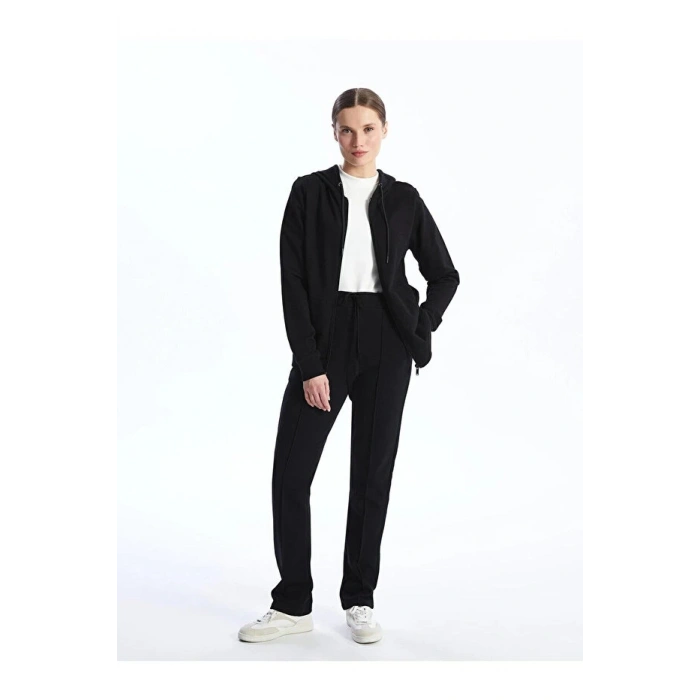 Classic Kapüşonlu Düz Uzun Kollu Kadın Fermuarlı Sweatshirt