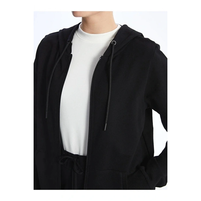 Classic Kapüşonlu Düz Uzun Kollu Kadın Fermuarlı Sweatshirt