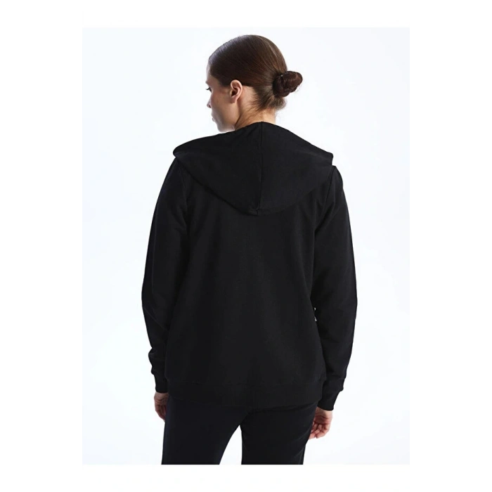 Classic Kapüşonlu Düz Uzun Kollu Kadın Fermuarlı Sweatshirt