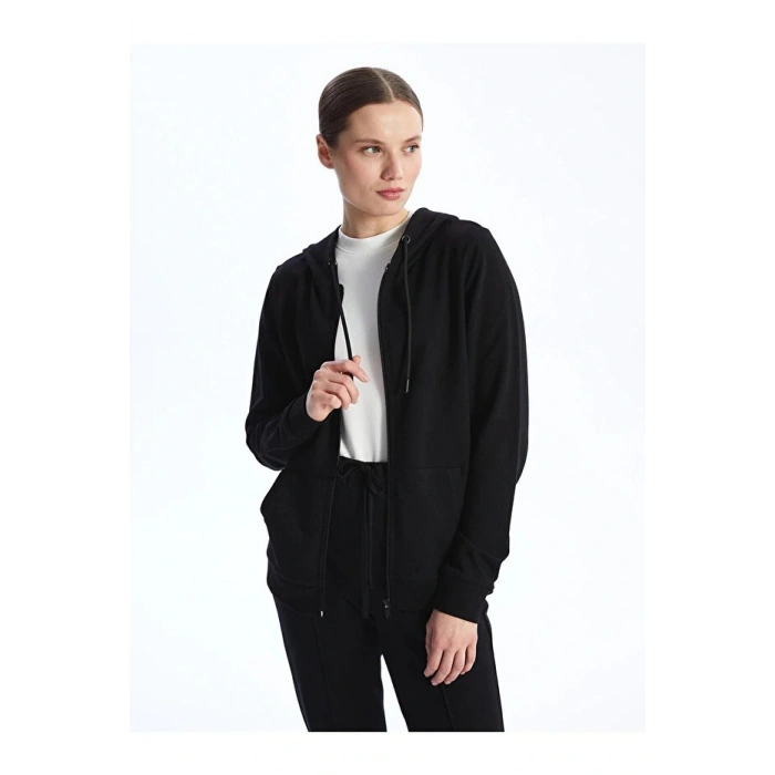 Classic Kapüşonlu Düz Uzun Kollu Kadın Fermuarlı Sweatshirt