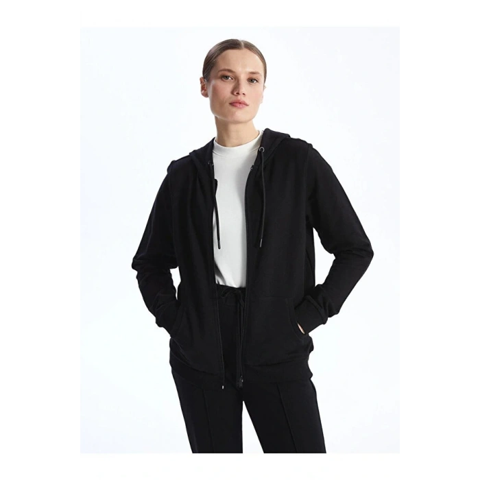 Classic Kapüşonlu Düz Uzun Kollu Kadın Fermuarlı Sweatshirt