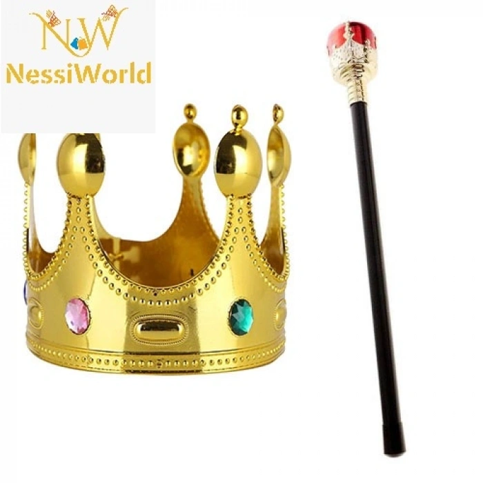 Çocuk Boy Altın Renk Kral Tacı ve Kırmızı Topuzlu Kral Asası