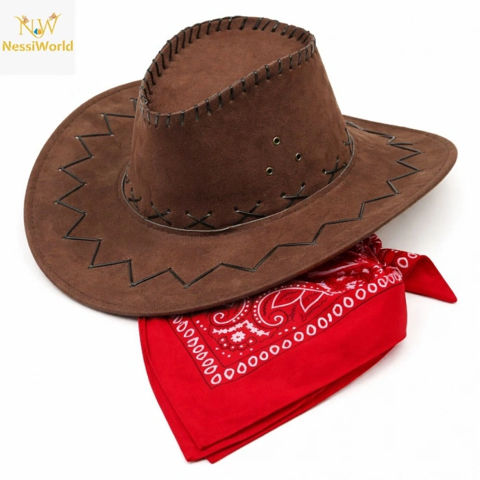 Çocuk Kovboy Şapka Kahverengi & Kırmızı Bandana Seti
