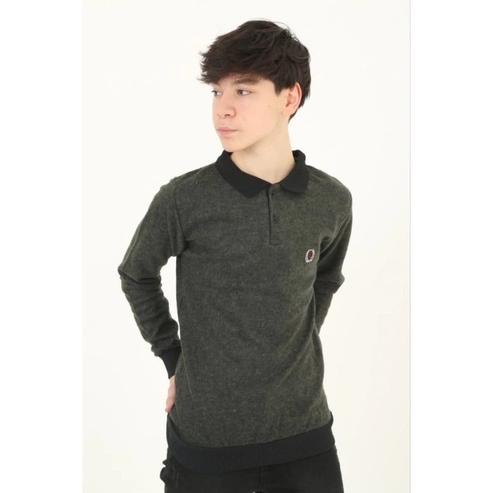 ÇOCUK SELANİK YAKA NAKIŞLI KAZAK - HAKİ