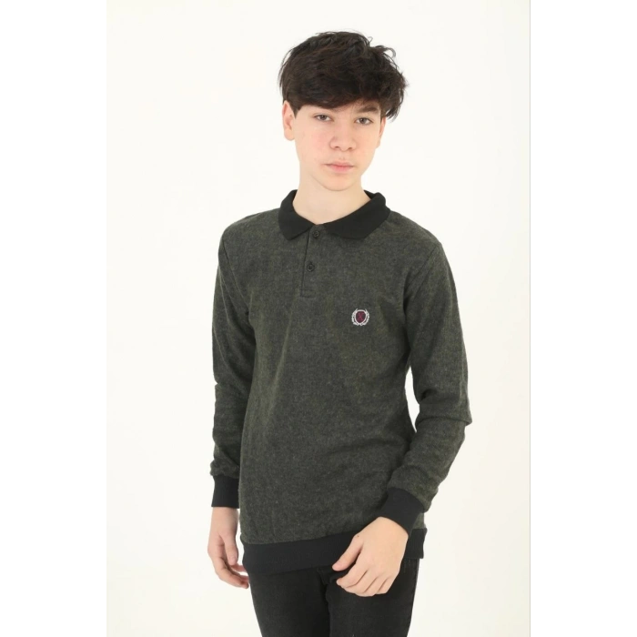 ÇOCUK SELANİK YAKA NAKIŞLI KAZAK - HAKİ