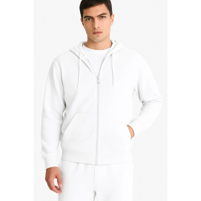 Comfort Fit Kapüşonlu İçi Yumuşak Tüylü Basic Düz Kalın Fermuarlı Sweatshirt D7599AX25SP