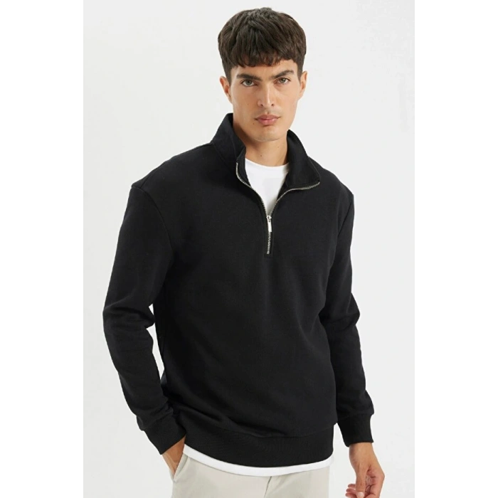 Comfort Regular Fit Rahat Kalıp Fermuarlı Dik Yaka Basic Düz Sweatshirt