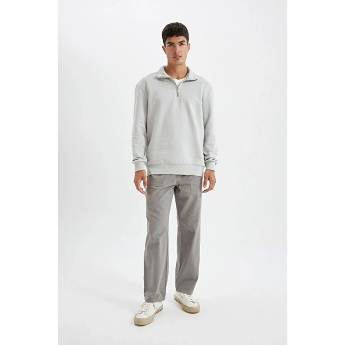 Comfort Regular Fit Rahat Kalıp Fermuarlı Dik Yaka Basic Düz Sweatshirt