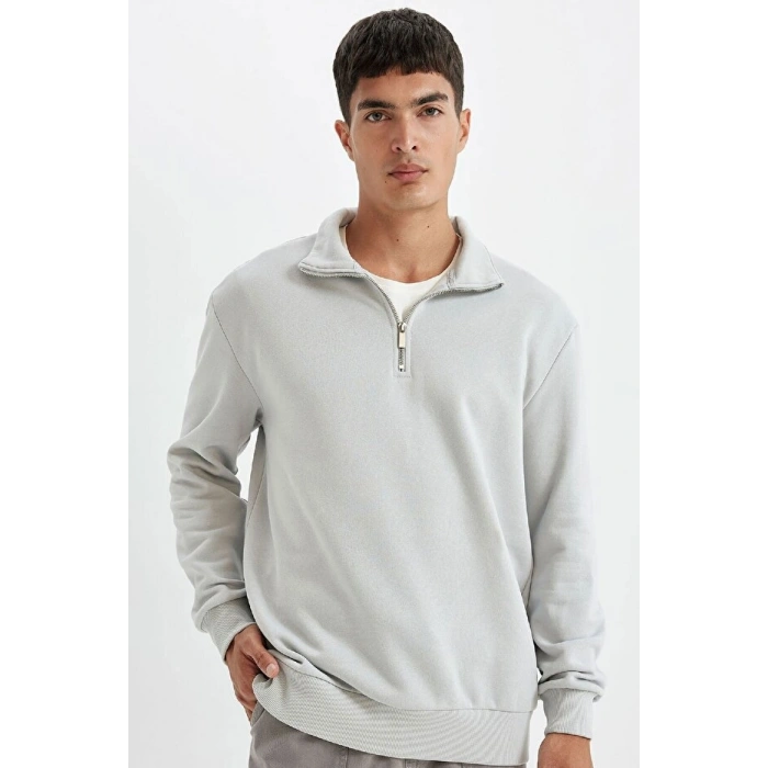 Comfort Regular Fit Rahat Kalıp Fermuarlı Dik Yaka Basic Düz Sweatshirt