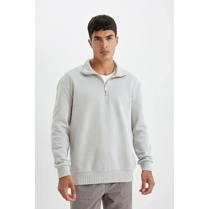 Comfort Regular Fit Rahat Kalıp Fermuarlı Dik Yaka Basic Düz Sweatshirt