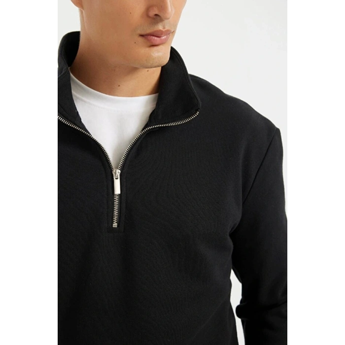 Comfort Regular Fit Rahat Kalıp Fermuarlı Dik Yaka Basic Düz Sweatshirt