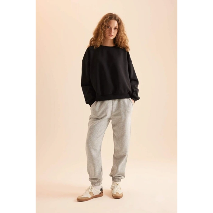 Coool Oversize Geniş Kalıp Bisiklet Yaka Basic Düz Kalın Siyah Sweatshirt